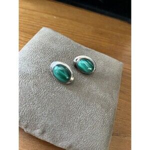 Vintage Sterling Silver Oval Malachite Post Earrings Gorgeous
